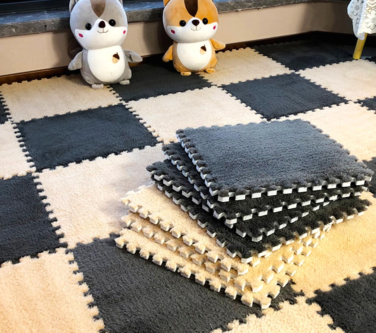 Eluleegc 12pcs Interlocking Carpet Squares – 11.8in EVA Foam Play Mat for Baby & Nursery (Khaki)