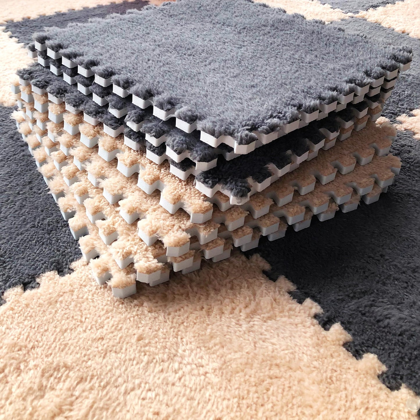 Eluleegc 12pcs Interlocking Carpet Squares – 11.8in EVA Foam Play Mat for Baby & Nursery (Khaki)