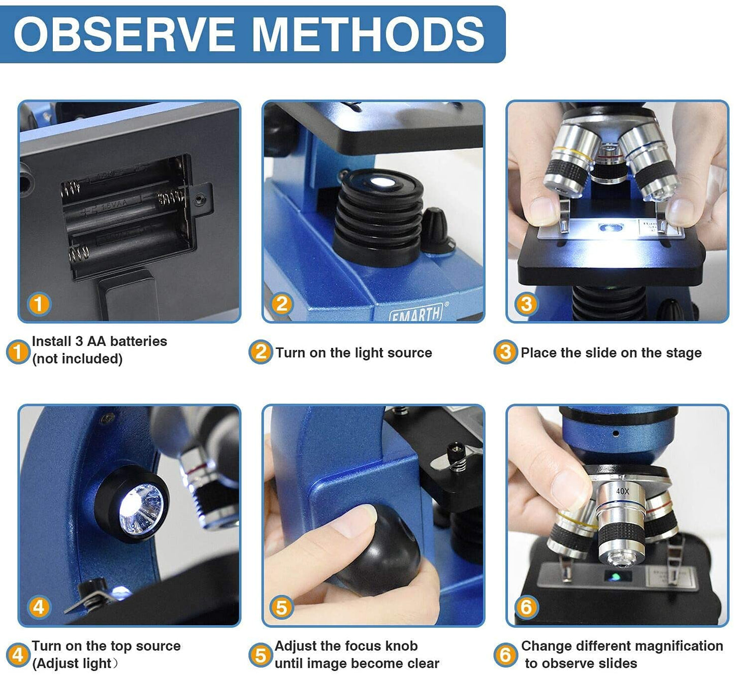 Emarth Kids Microscope 40X–1000X with 52-Piece Educational Kits | Beginner Science Lab