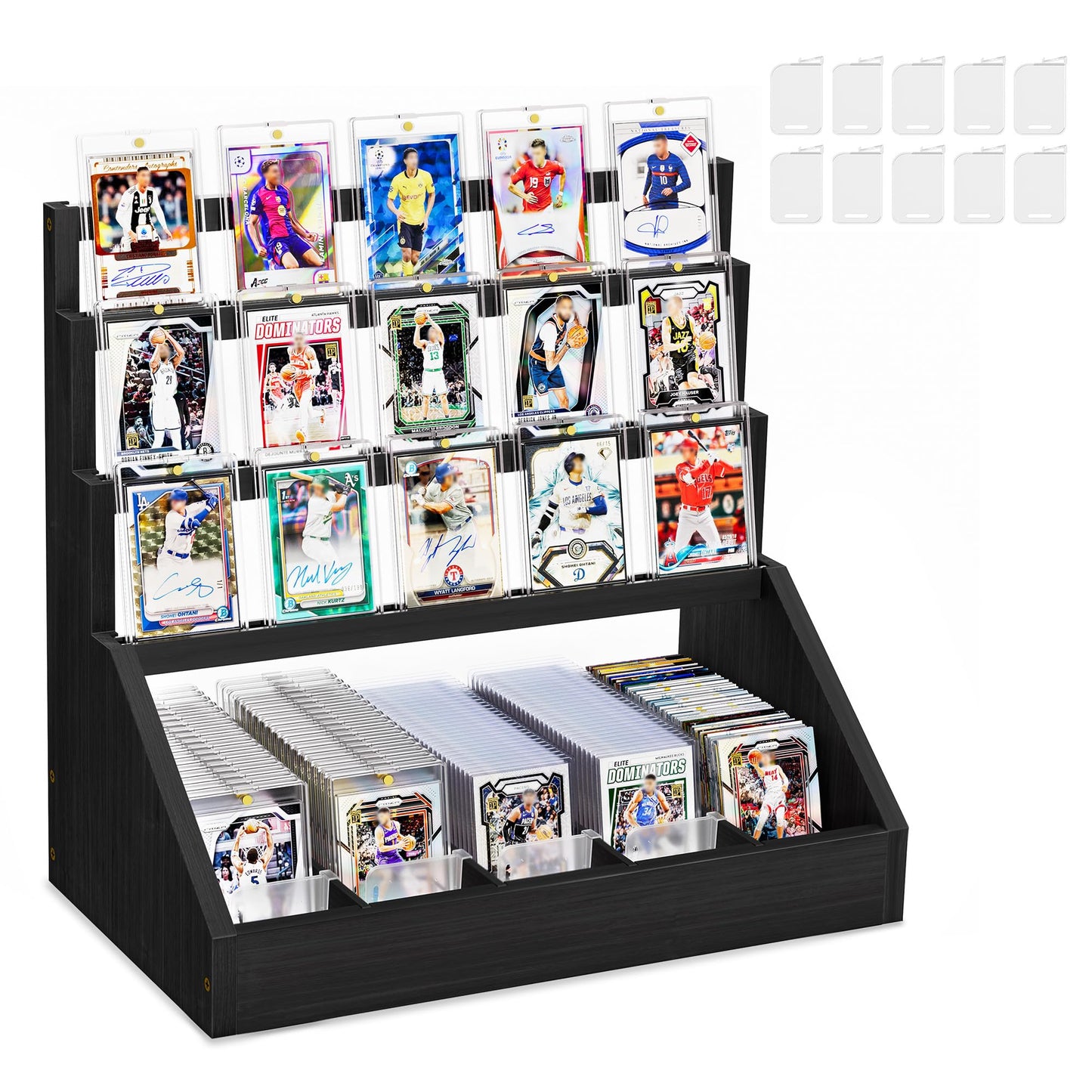 Emfogo 3-Tier Wooden Trading Card Display with 5-Row Storage — Large Capacity Graded Card Stand (Black)