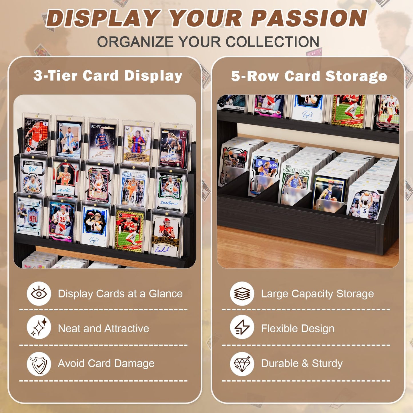 Emfogo 3-Tier Wooden Trading Card Display with 5-Row Storage — Large Capacity Graded Card Stand (Black)