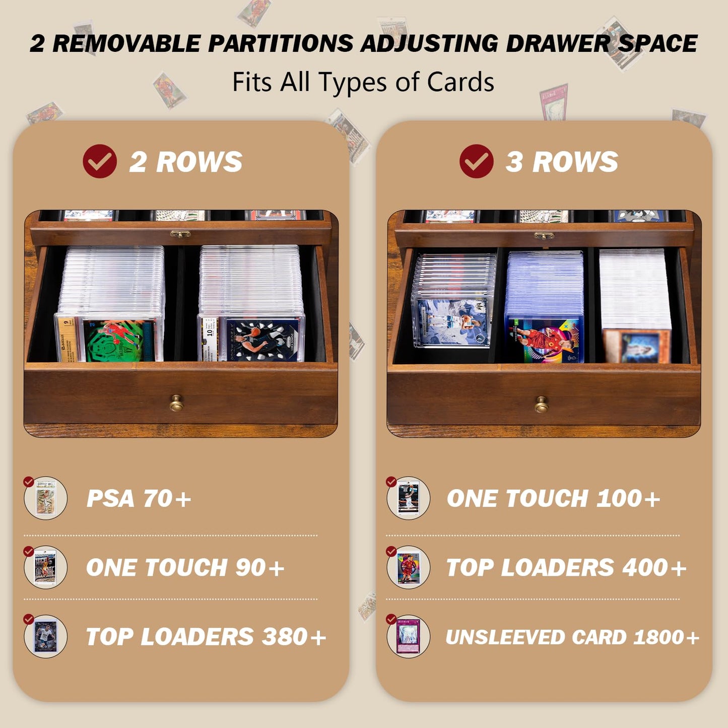Emfogo Trading Card Storage Box – 70+ Graded Cards, Wood Display Case with Custom Drawer