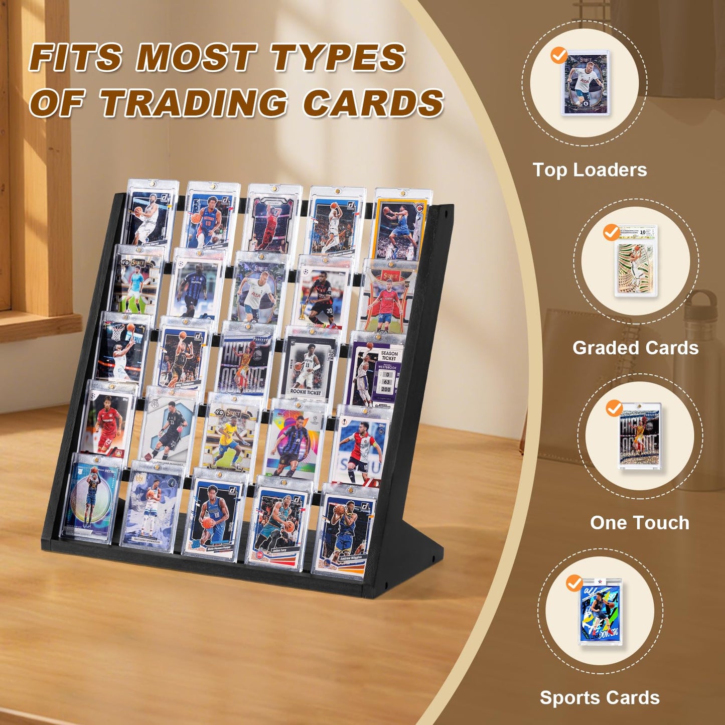 Emfogo Trading Card Display Stand – 5-Tier Wooden Black Display for Graded Cards