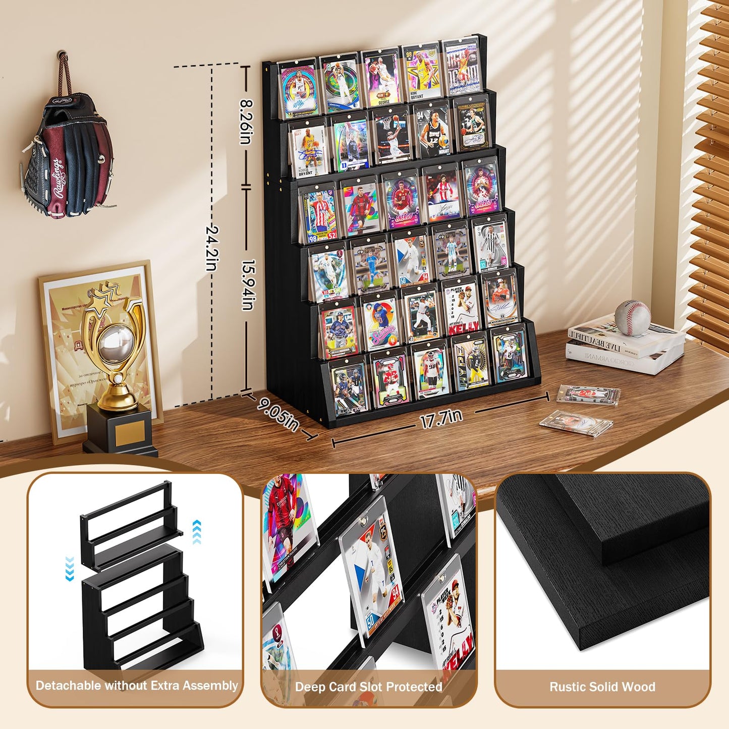 Emfogo 6-Tier Wooden Card Display Stand with Top Storage – Detachable, High Capacity for Trading Cards (Black)