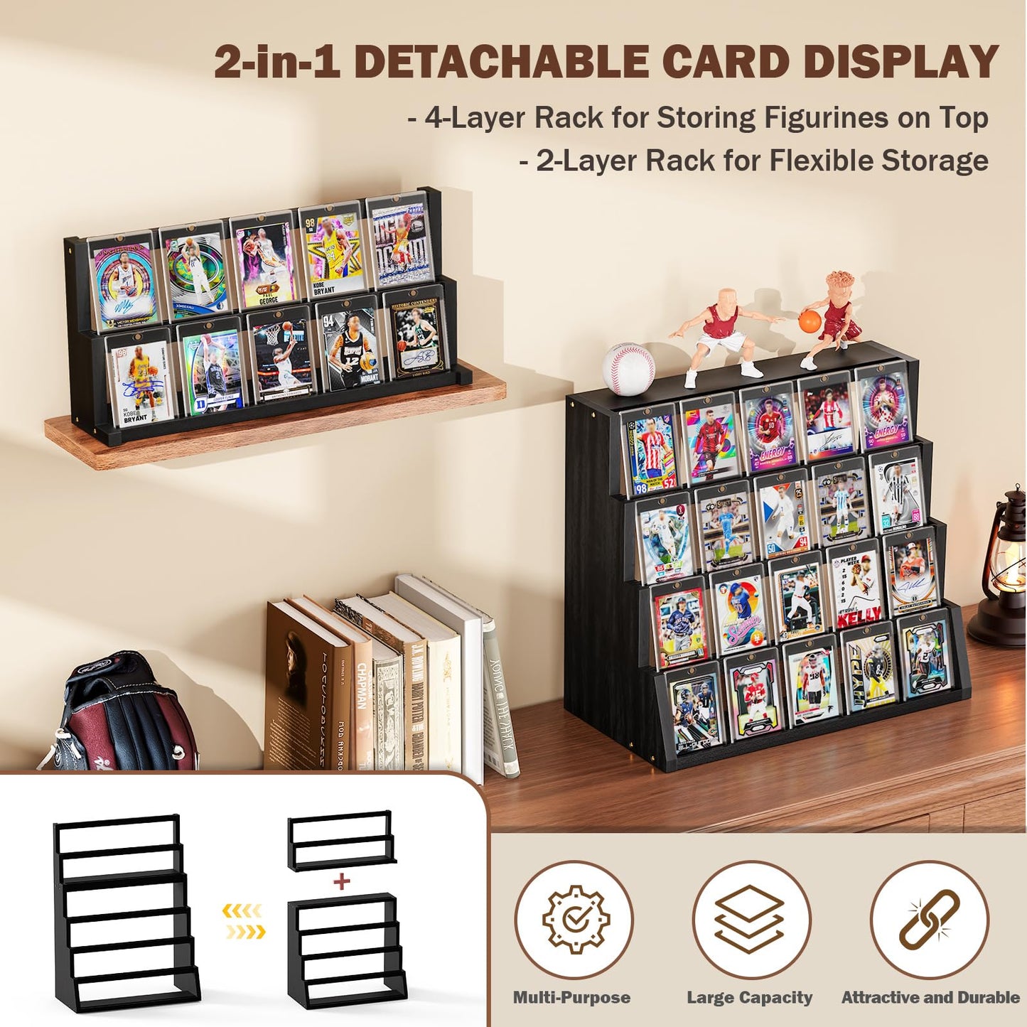 Emfogo 6-Tier Wooden Card Display Stand with Top Storage – Detachable, High Capacity for Trading Cards (Black)