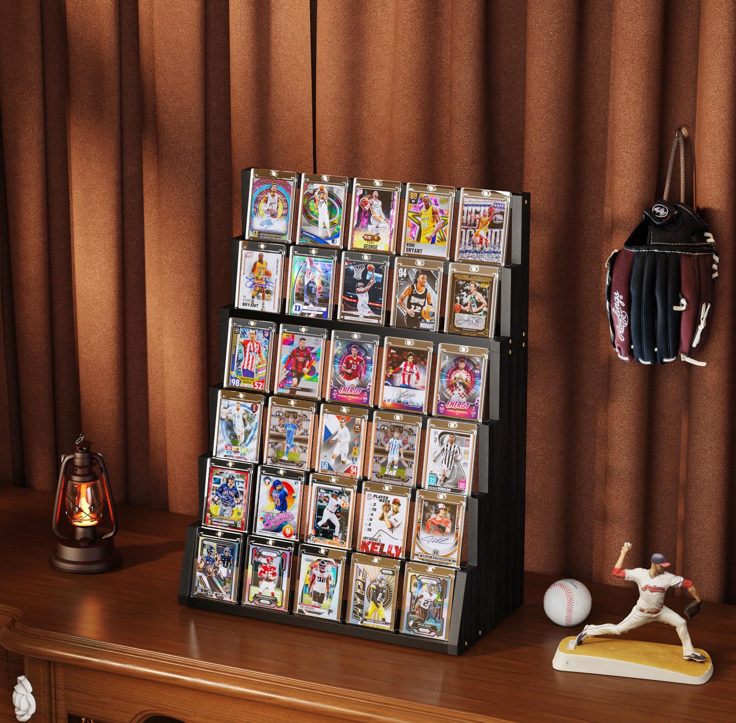 Emfogo 6-Tier Wooden Card Display Stand with Top Storage – Detachable, High Capacity for Trading Cards (Black)