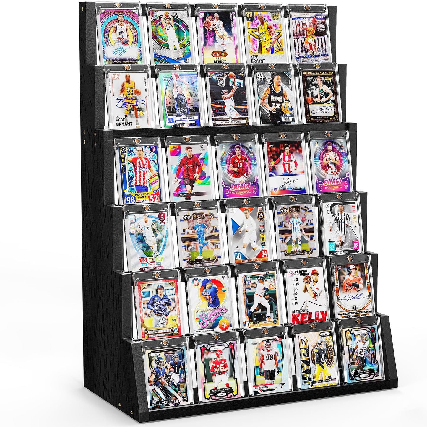 Emfogo 6-Tier Wooden Card Display Stand with Top Storage – Detachable, High Capacity for Trading Cards (Black)
