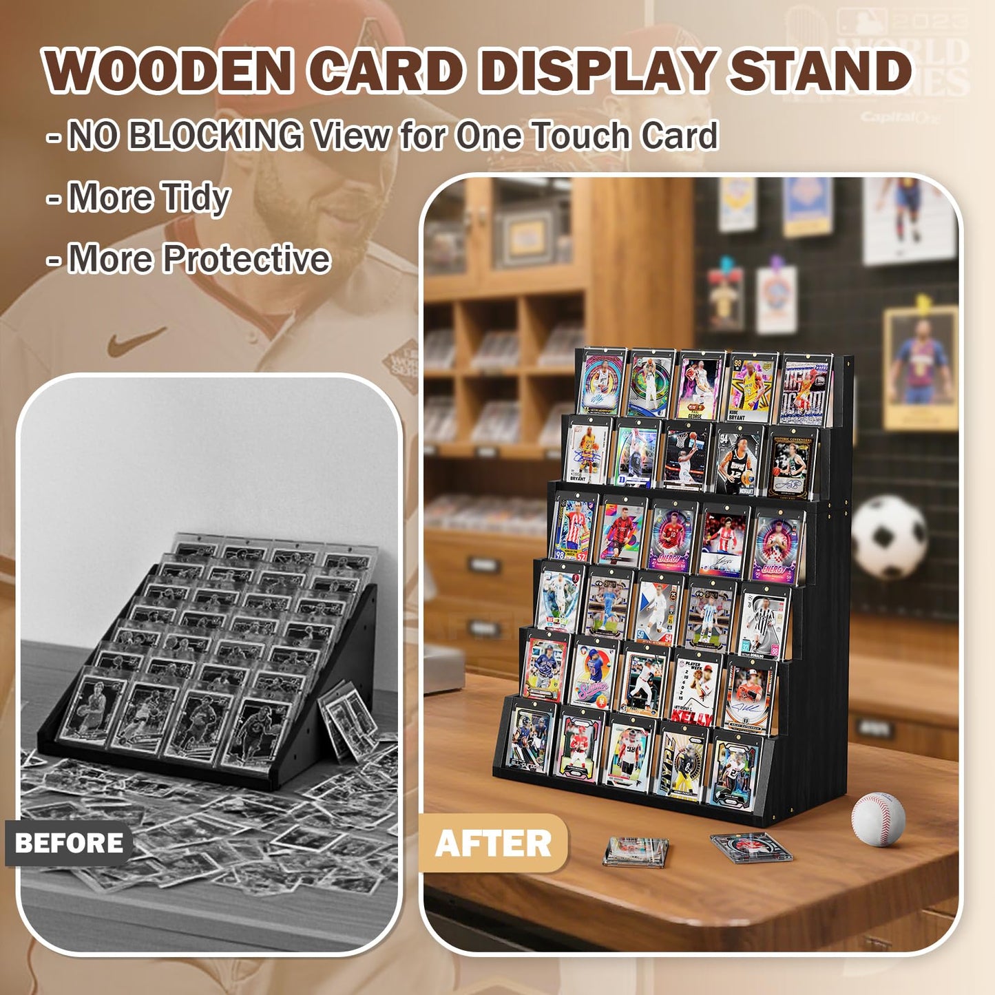 Emfogo 6-Tier Wooden Card Display Stand with Top Storage – Detachable, High Capacity for Trading Cards (Black)