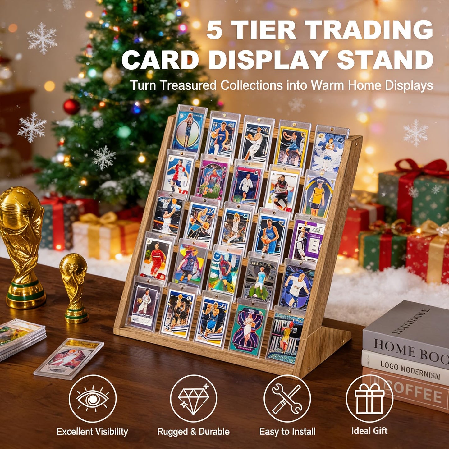 Emfogo 5-Tier Wooden Trading Card Display Stand – Holds 25 Graded Cards