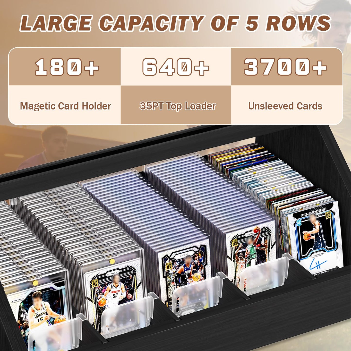 Emfogo 3-Tier Wooden Trading Card Display with 5-Row Storage — Large Capacity Graded Card Stand (Black)