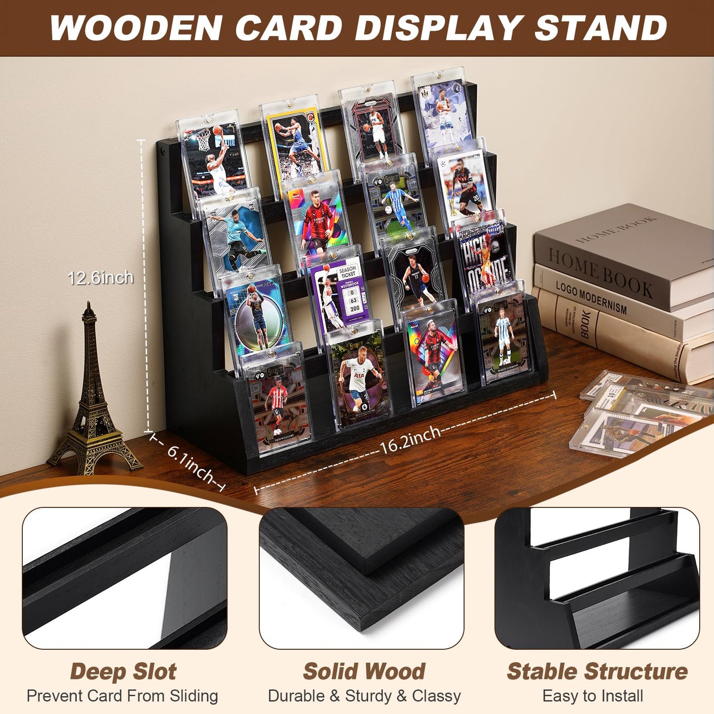 Emfogo 4-Tier Card Display Stand – Wooden Trading Card Display (Black)