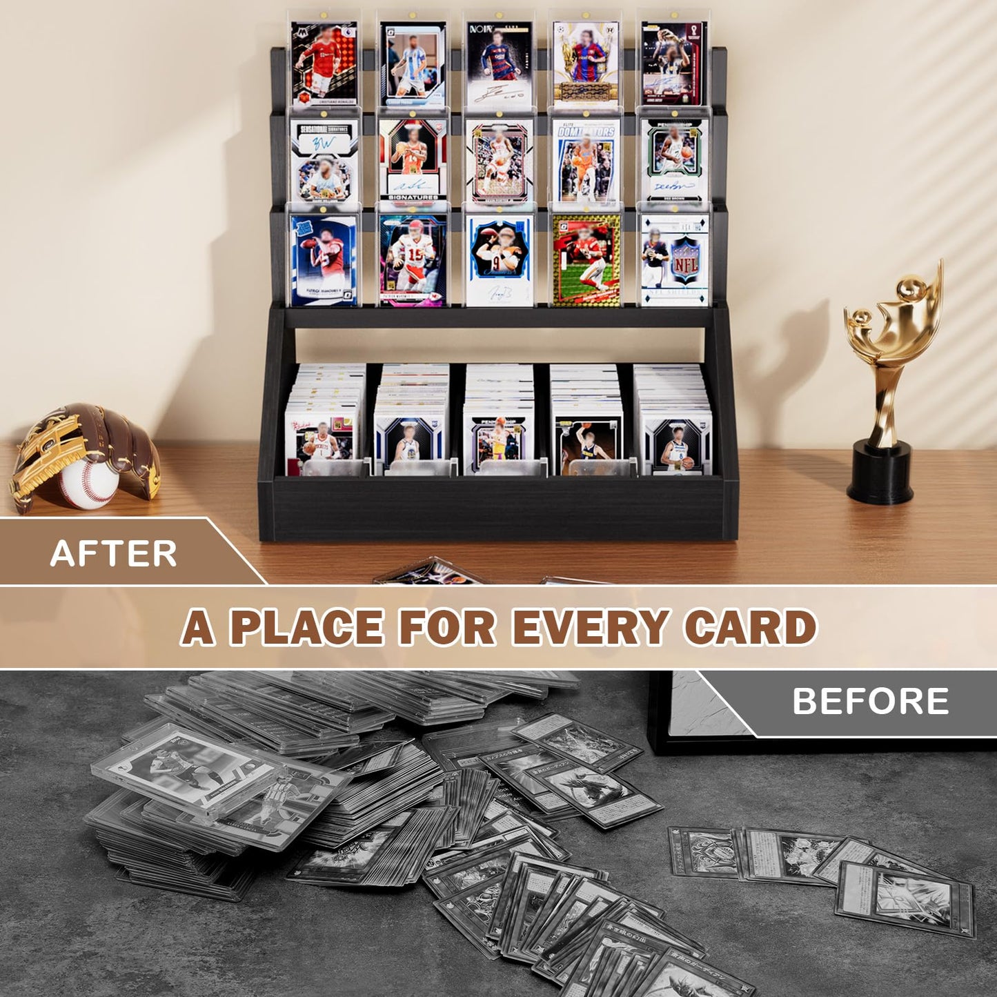 Emfogo 3-Tier Wooden Trading Card Display with 5-Row Storage — Large Capacity Graded Card Stand (Black)