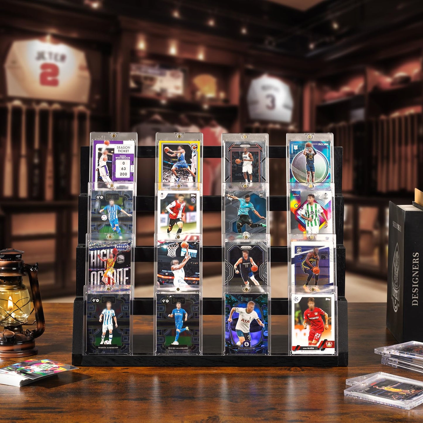 Emfogo 4-Tier Card Display Stand – Wooden Trading Card Display (Black)