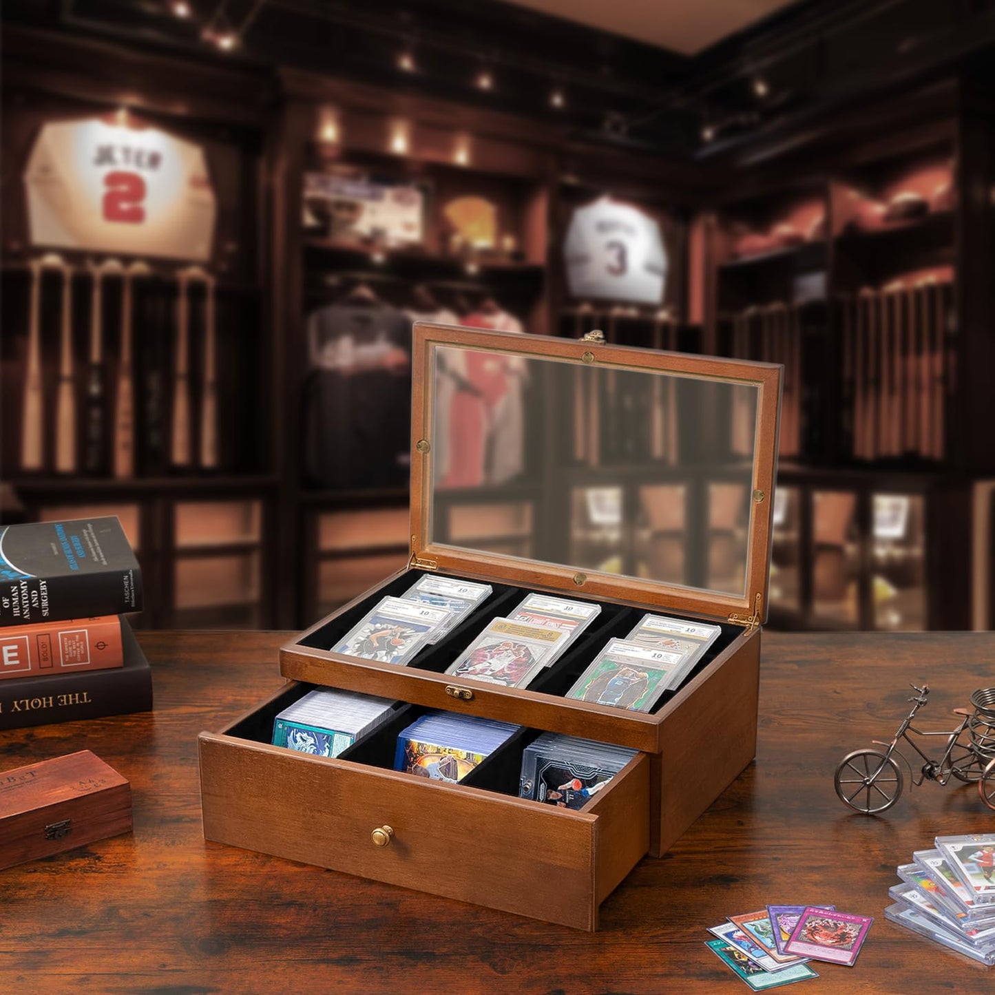 Emfogo Trading Card Storage Box – 70+ Graded Cards, Wood Display Case with Custom Drawer