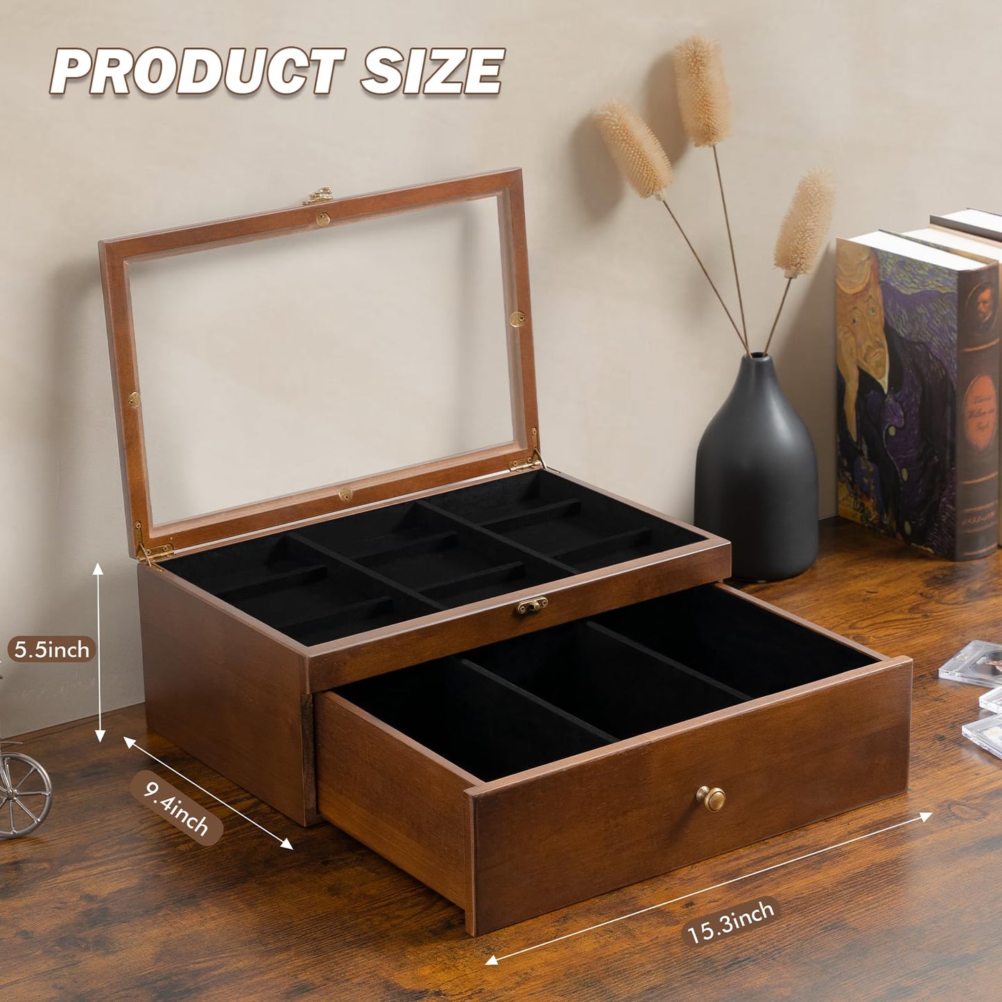 Emfogo Trading Card Storage Box – 70+ Graded Cards, Wood Display Case with Custom Drawer