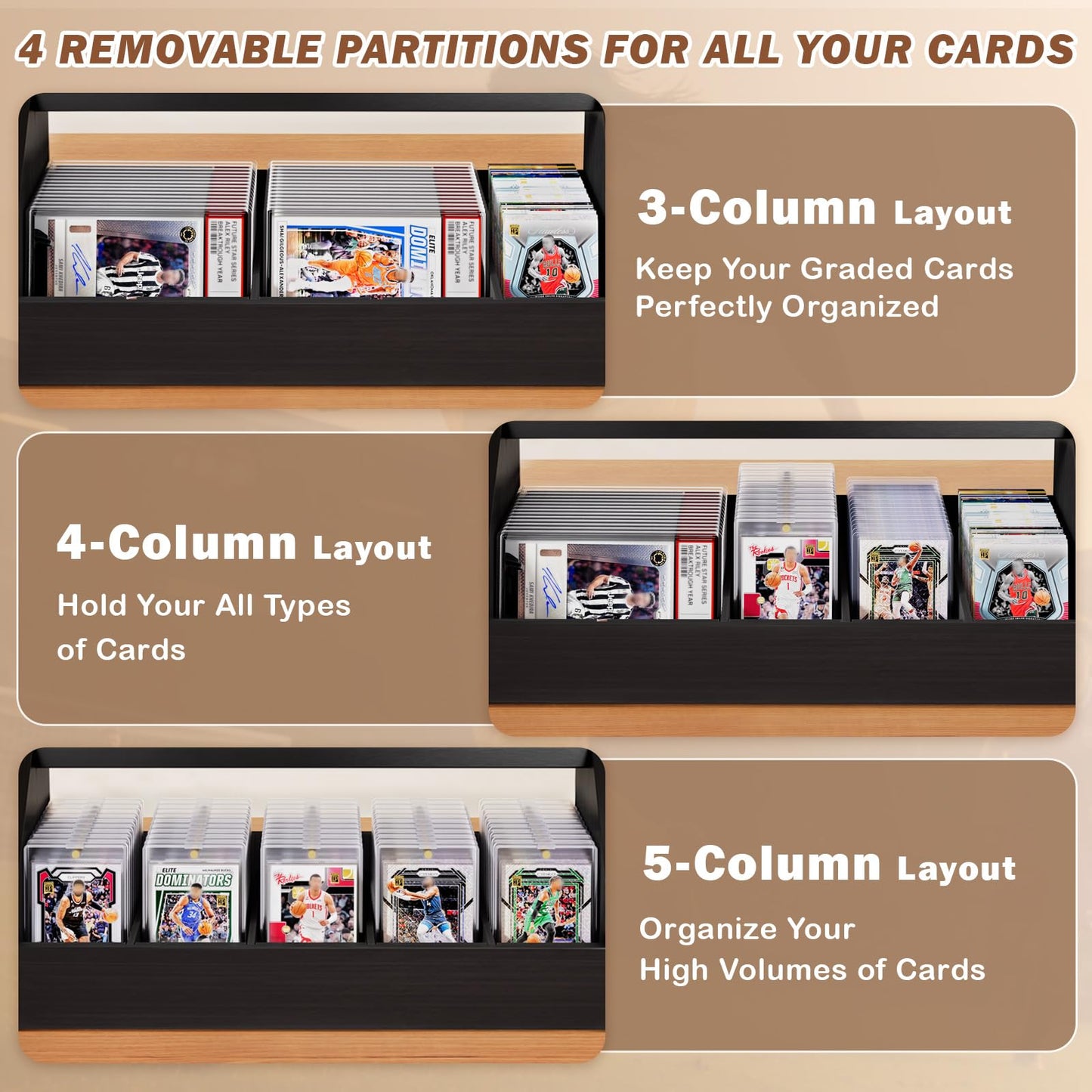Emfogo 3-Tier Wooden Trading Card Display with 5-Row Storage — Large Capacity Graded Card Stand (Black)