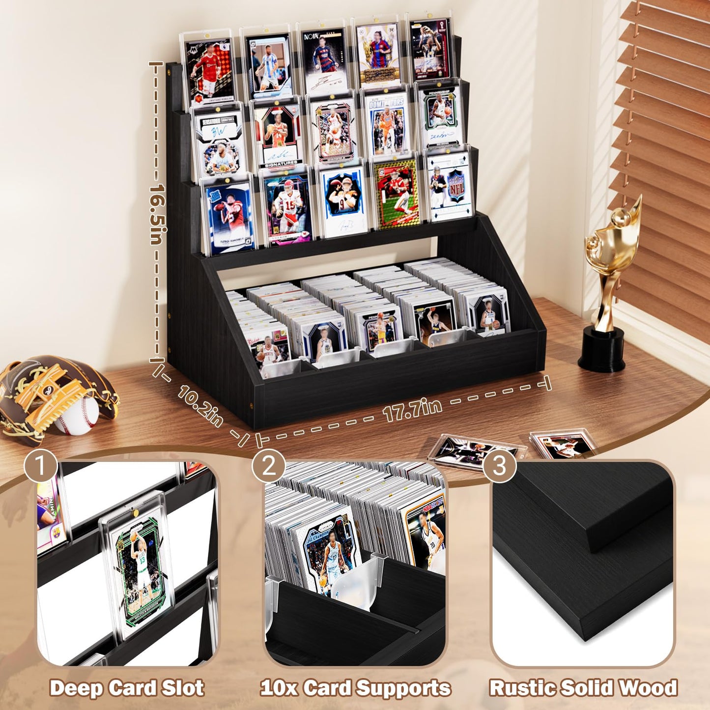 Emfogo 3-Tier Wooden Trading Card Display with 5-Row Storage — Large Capacity Graded Card Stand (Black)