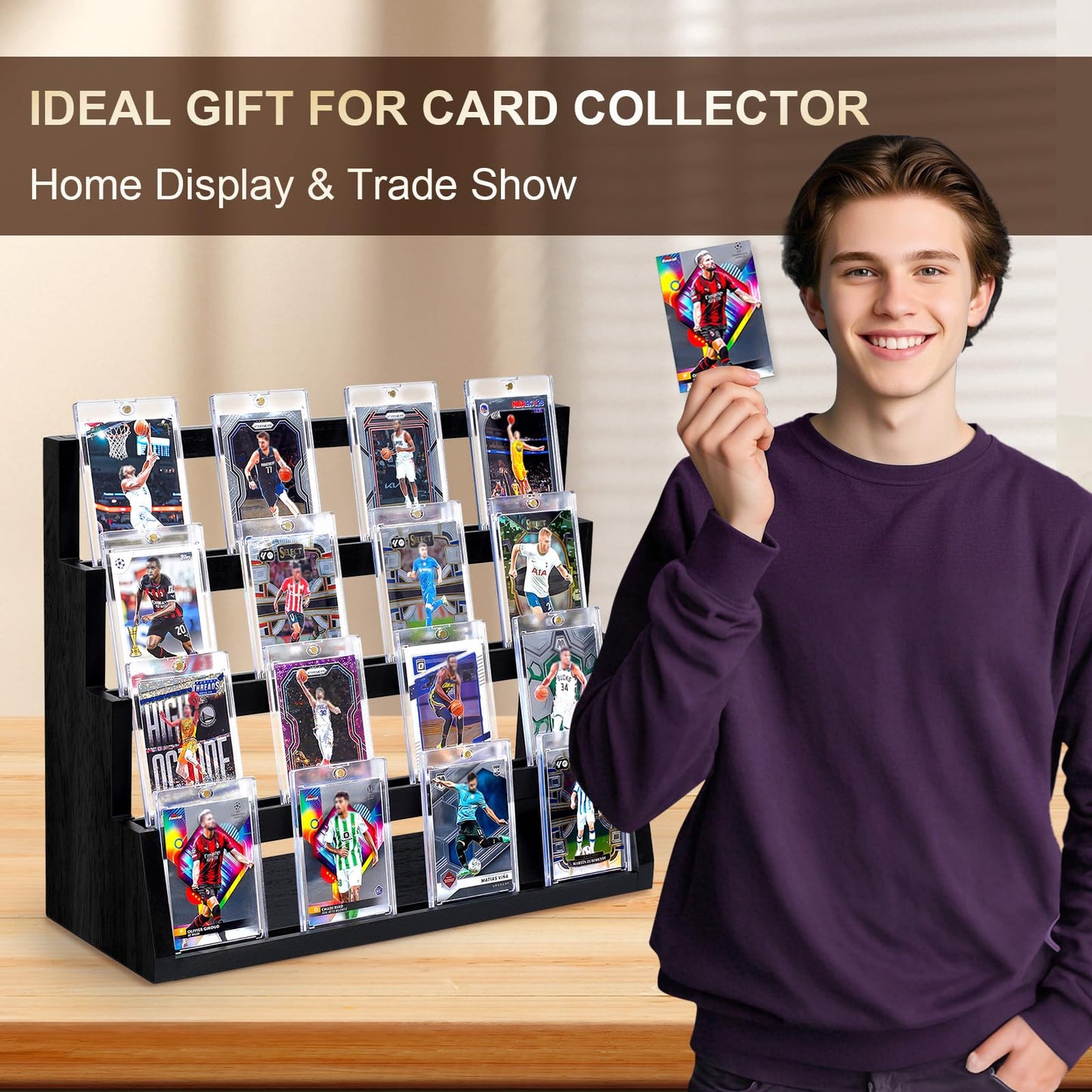 Emfogo 4-Tier Card Display Stand – Wooden Trading Card Display (Black)