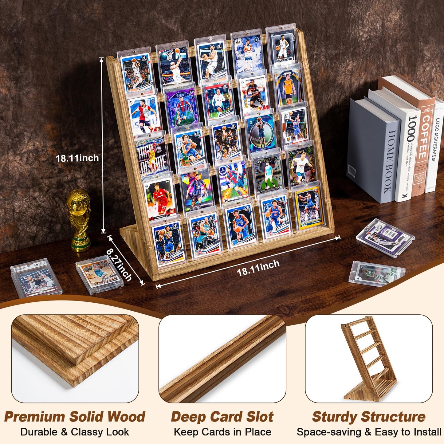 Emfogo 5-Tier Wooden Trading Card Display Stand – Holds 25 Graded Cards