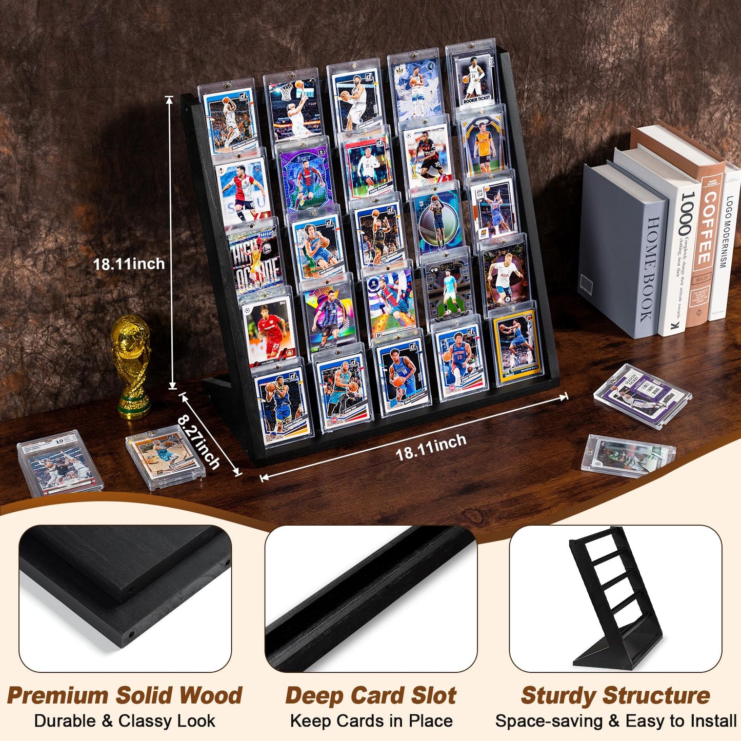 Emfogo Trading Card Display Stand – 5-Tier Wooden Black Display for Graded Cards