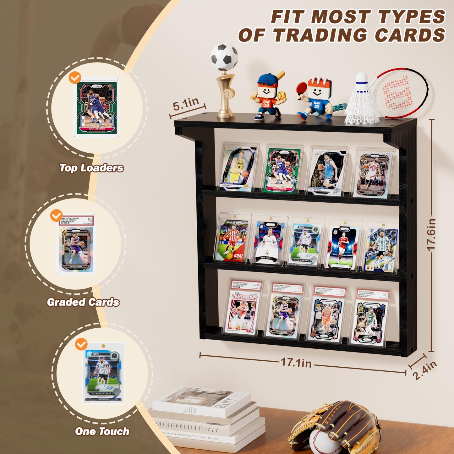 Emfogo 3-Tier Wall-Mounted Wooden Trading Card Display Stand | Black