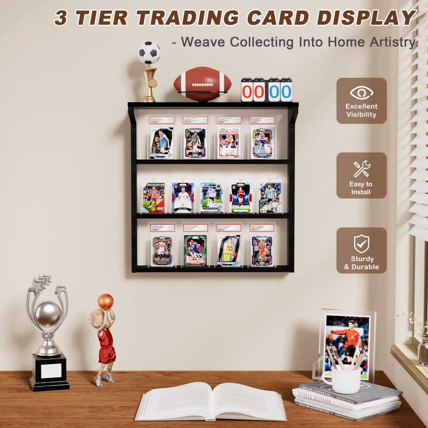 Emfogo 3-Tier Wall-Mounted Wooden Trading Card Display Stand | Black