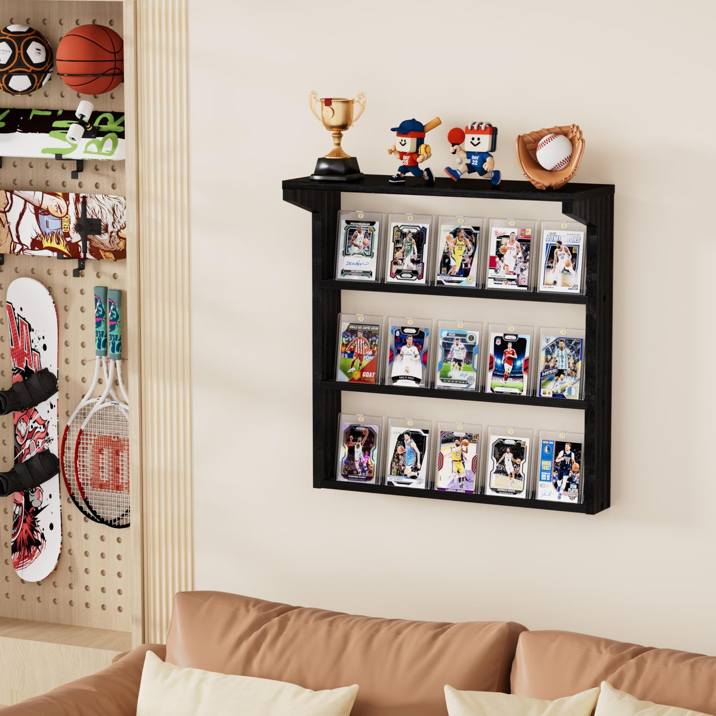 Emfogo 3-Tier Wall-Mounted Wooden Trading Card Display Stand | Black