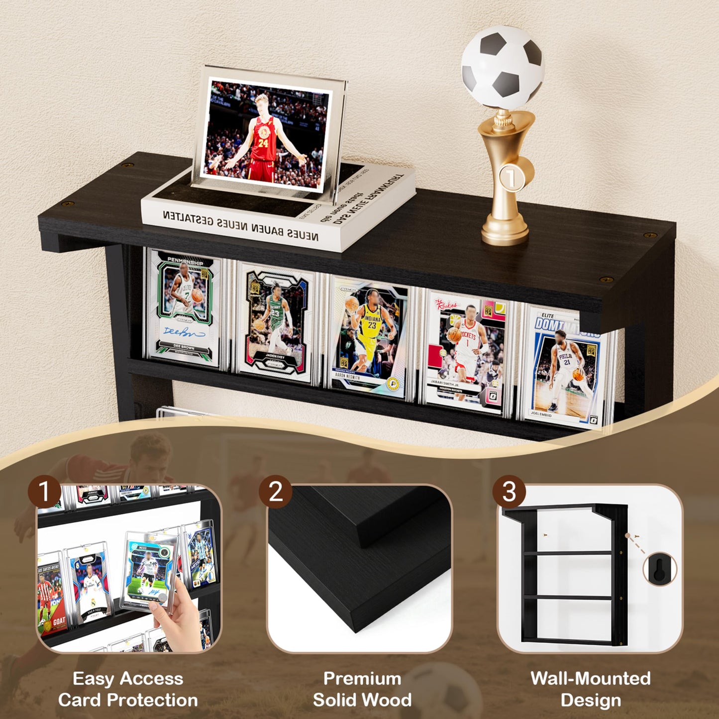 Emfogo 3-Tier Wall-Mounted Wooden Trading Card Display Stand | Black