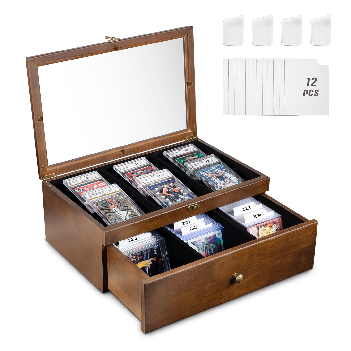Emfogo Trading Card Storage Box – 70+ Graded Cards, Wood Display Case with Custom Drawer