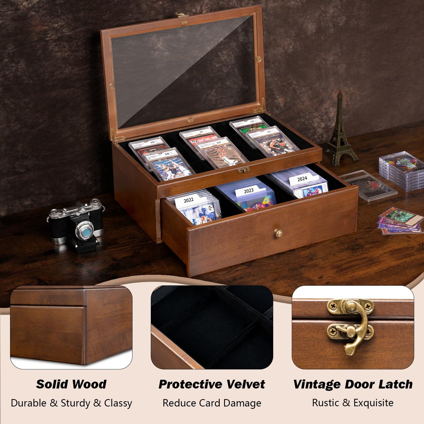 Emfogo Trading Card Storage Box – 70+ Graded Cards, Wood Display Case with Custom Drawer