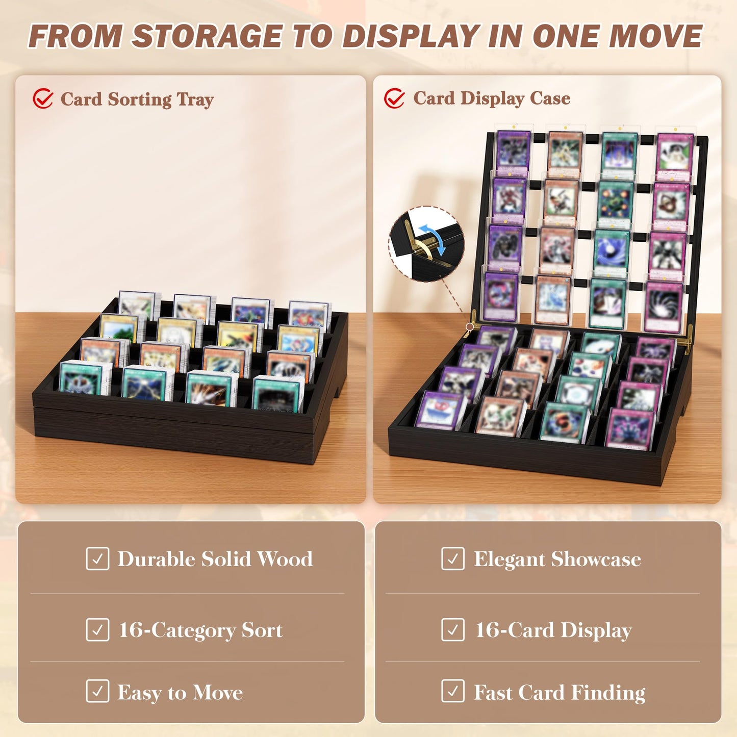 Emfogo Wooden Card Sorting Tray – 16-Compartment Black Card Organizer