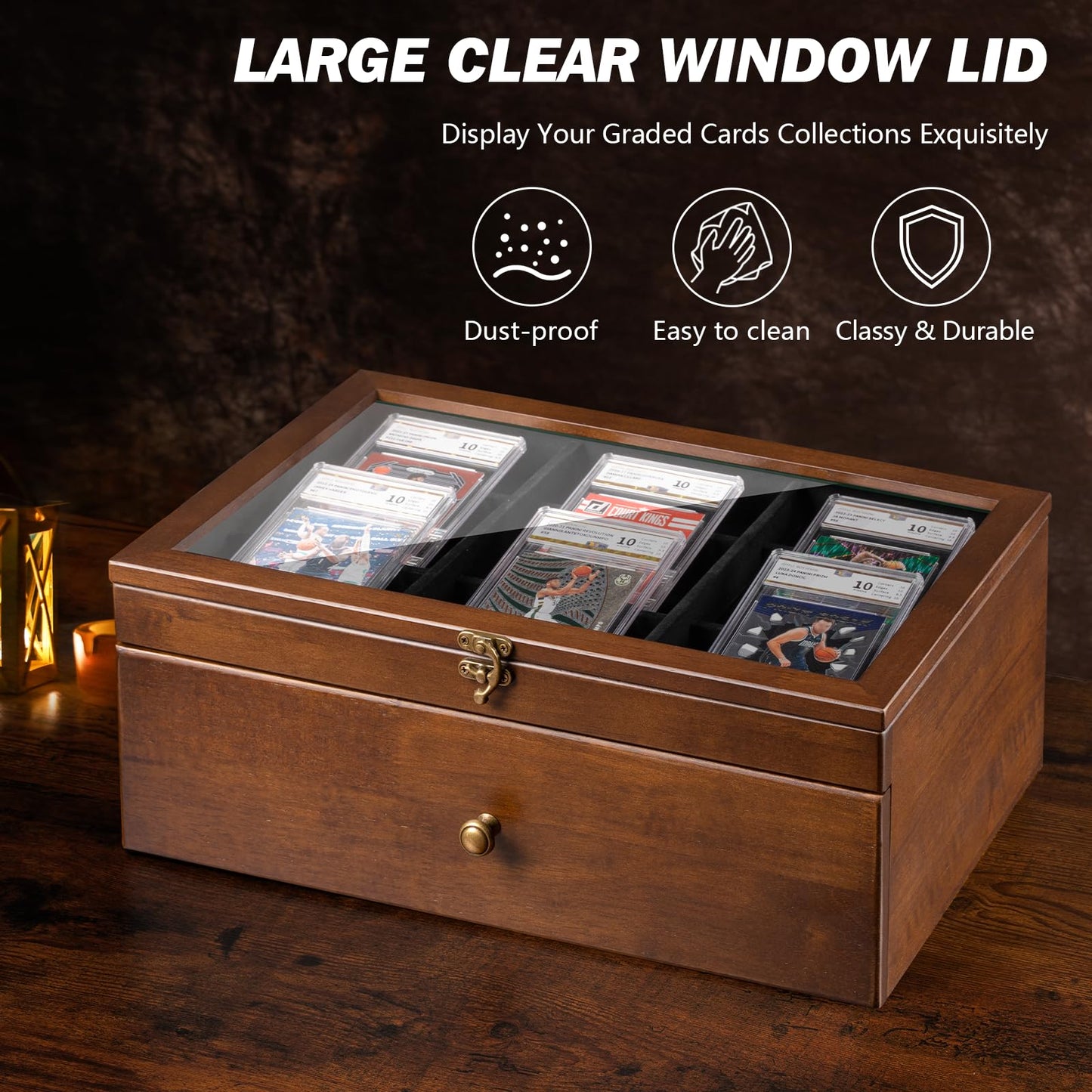 Emfogo Trading Card Storage Box – 70+ Graded Cards, Wood Display Case with Custom Drawer