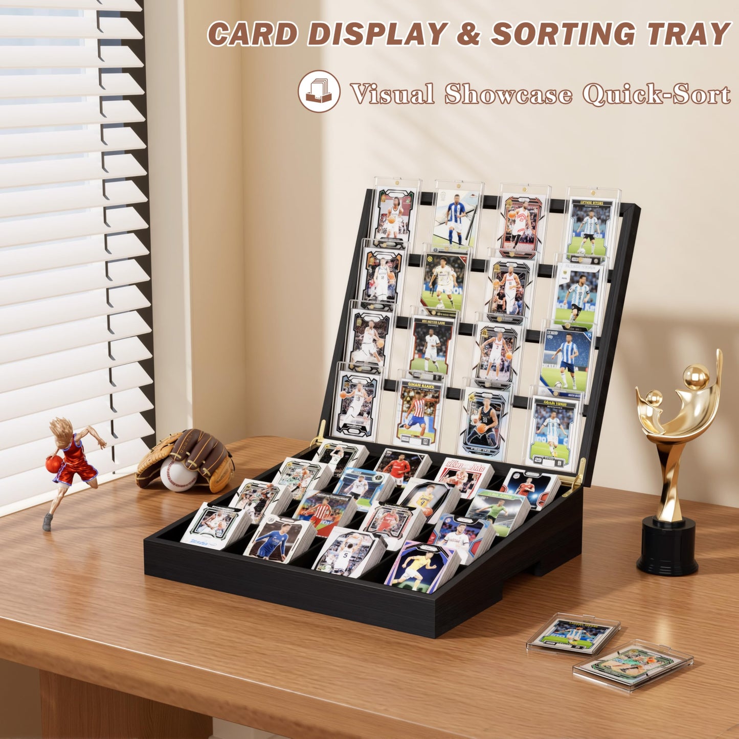 Emfogo Wooden Card Sorting Tray – 16-Compartment Black Card Organizer