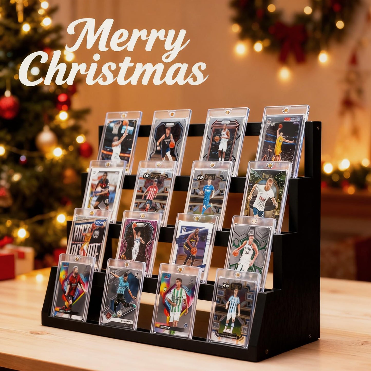 Emfogo 4-Tier Card Display Stand – Wooden Trading Card Display (Black)