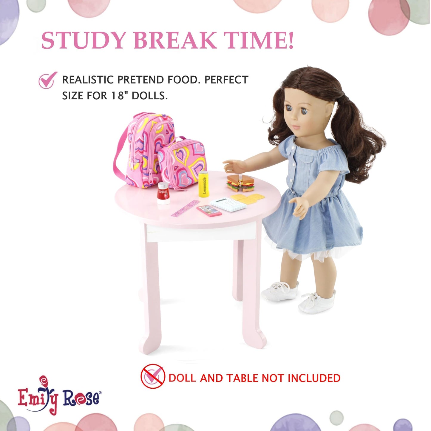 Emily Rose 18-Inch Doll School Essentials – 18-Piece Set with Backpack, Lunch Box & Calculator (USA Brand, Compatible with American Girl Dolls)