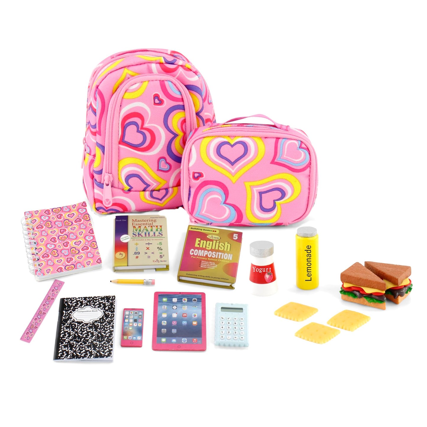 Emily Rose 18-Inch Doll School Essentials – 18-Piece Set with Backpack, Lunch Box & Calculator (USA Brand, Compatible with American Girl Dolls)