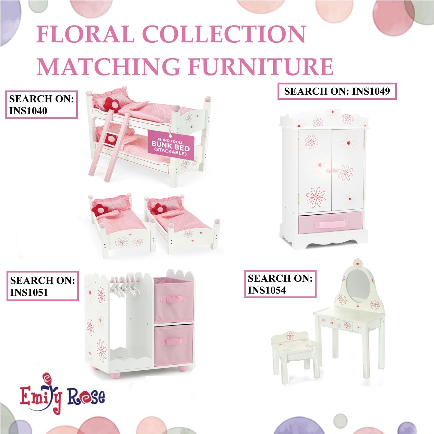 Emily Rose 18-Inch Doll Furniture: Floral Dining Table & 2 Chairs | American Girl Compatible