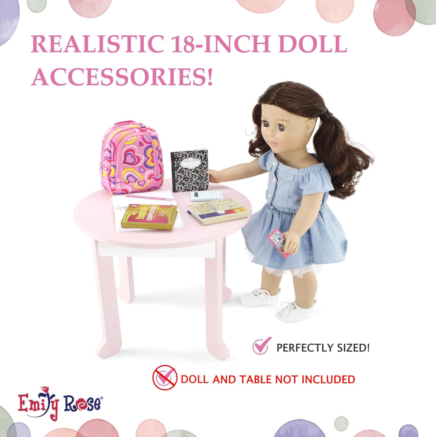 Emily Rose 18-Inch Doll School Essentials – 18-Piece Set with Backpack, Lunch Box & Calculator (USA Brand, Compatible with American Girl Dolls)