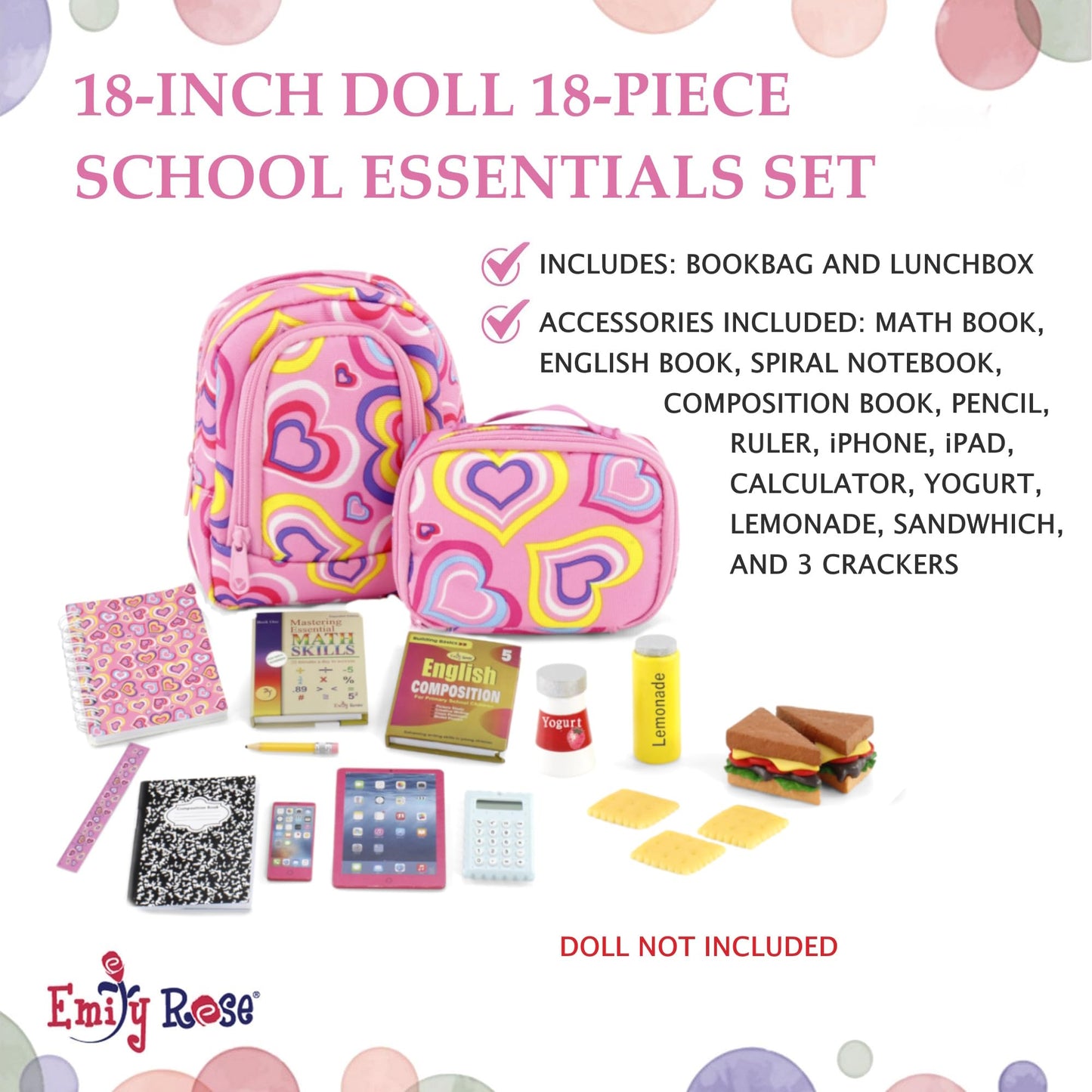 Emily Rose 18-Inch Doll School Essentials – 18-Piece Set with Backpack, Lunch Box & Calculator (USA Brand, Compatible with American Girl Dolls)