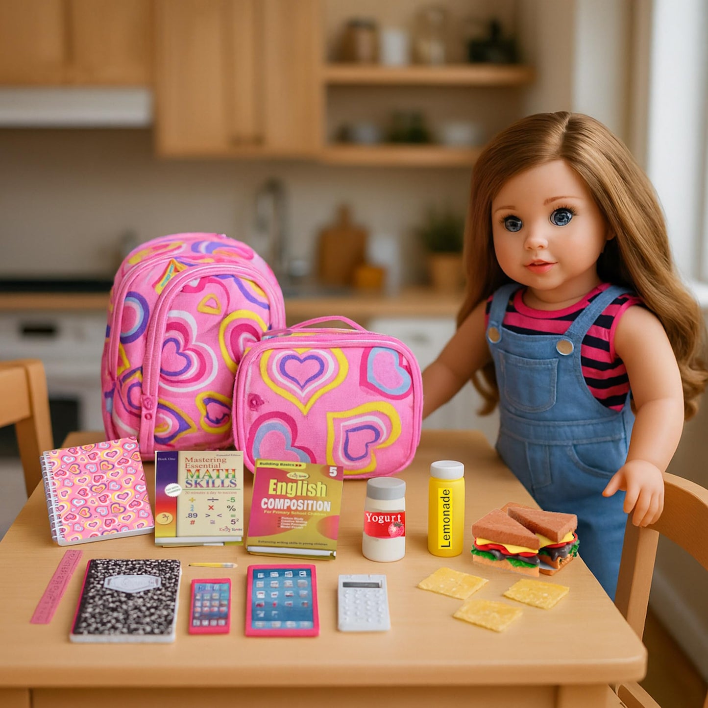 Emily Rose 18-Inch Doll School Essentials – 18-Piece Set with Backpack, Lunch Box & Calculator (USA Brand, Compatible with American Girl Dolls)