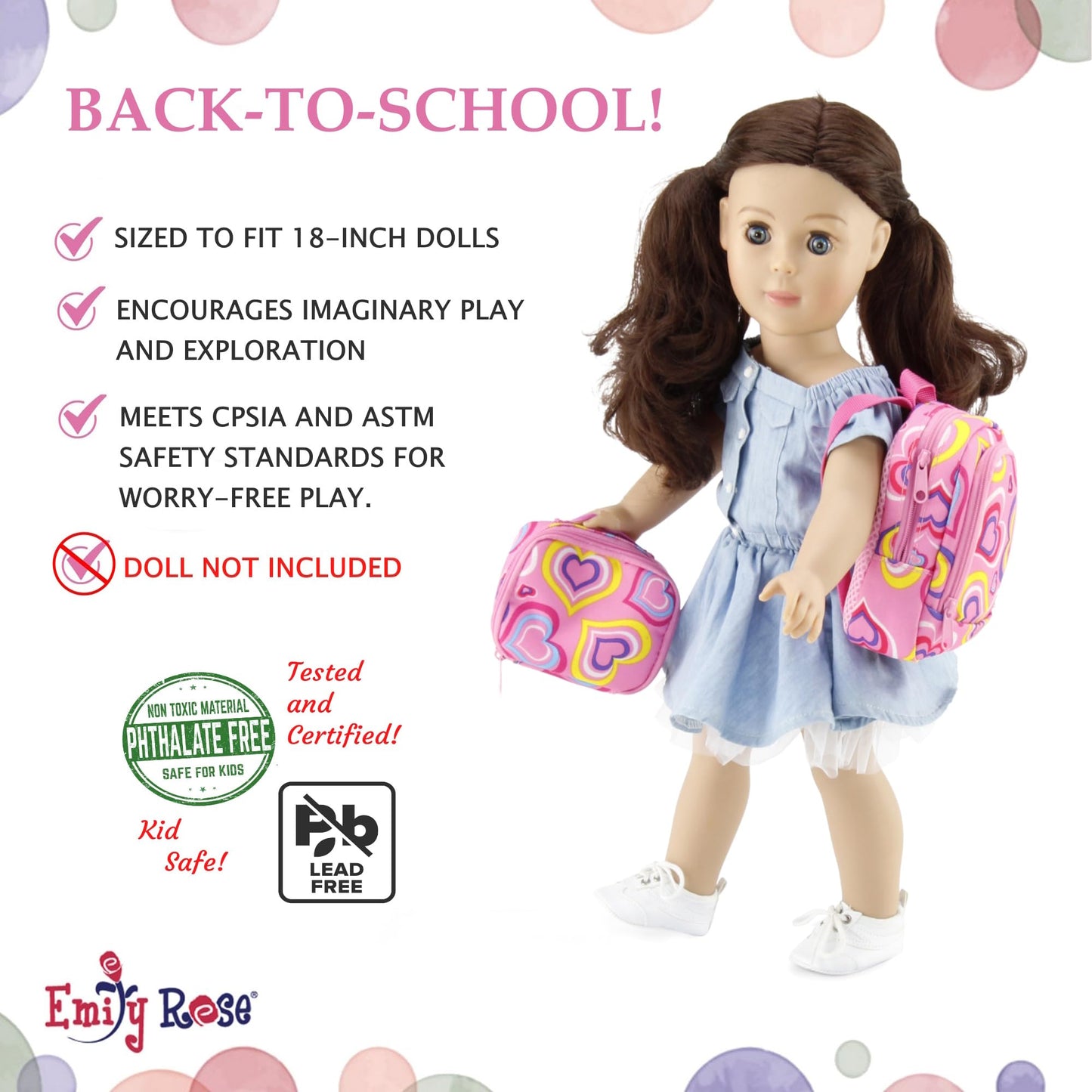 Emily Rose 18-Inch Doll School Essentials – 18-Piece Set with Backpack, Lunch Box & Calculator (USA Brand, Compatible with American Girl Dolls)