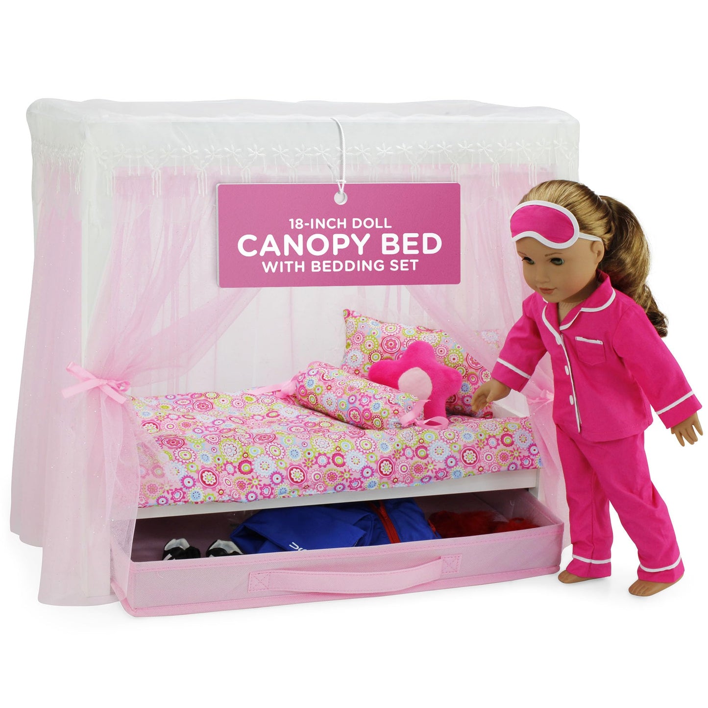 Emily Rose 18in Doll Princess Canopy Bed - White Wood, Pink Tulle Curtains, 5-Piece Bedding & Storage Drawer