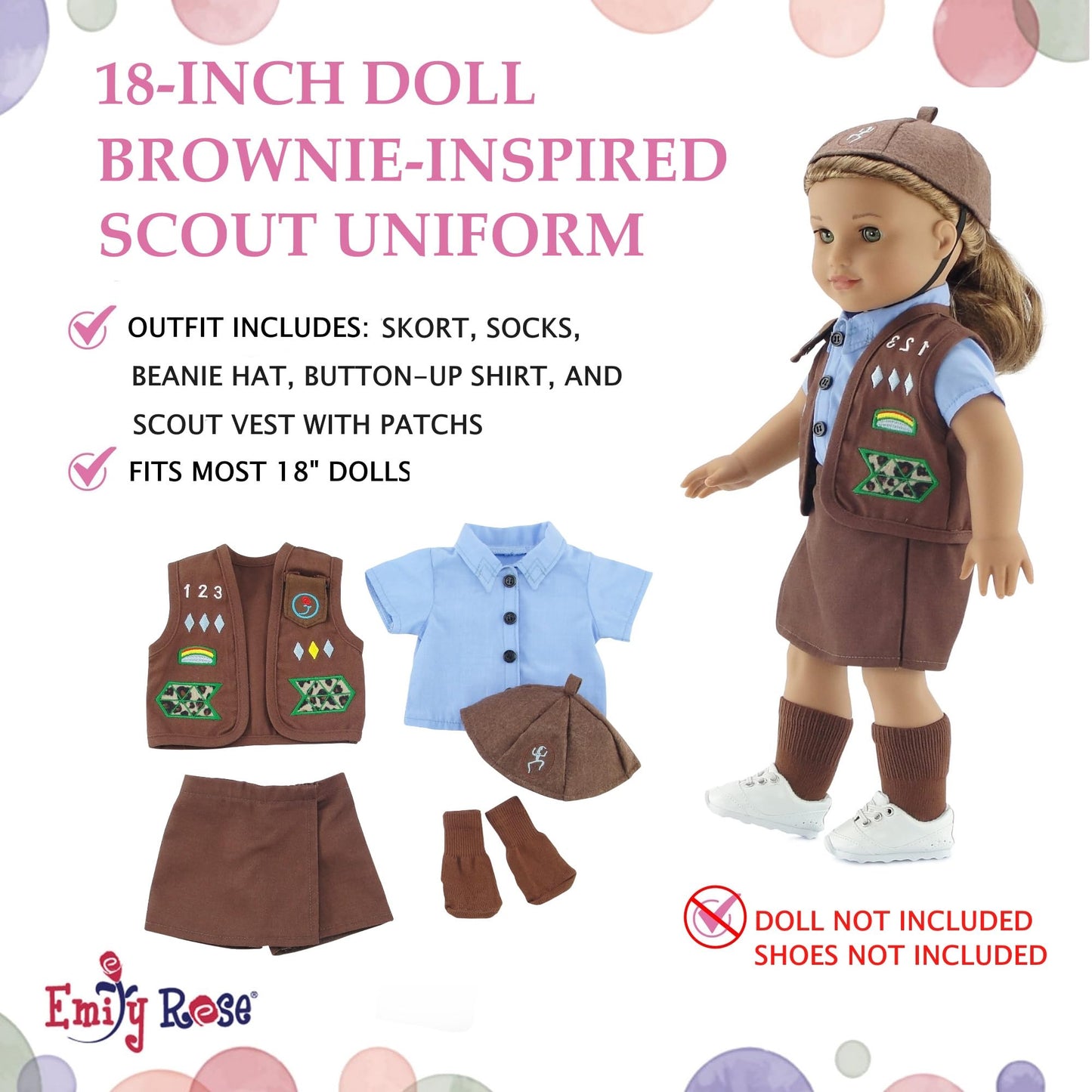 Emily Rose 18-Inch Doll Clothes – Girl Scout Brownie Uniform with Embroidered Patches | Licensed by Girl Scouts USA