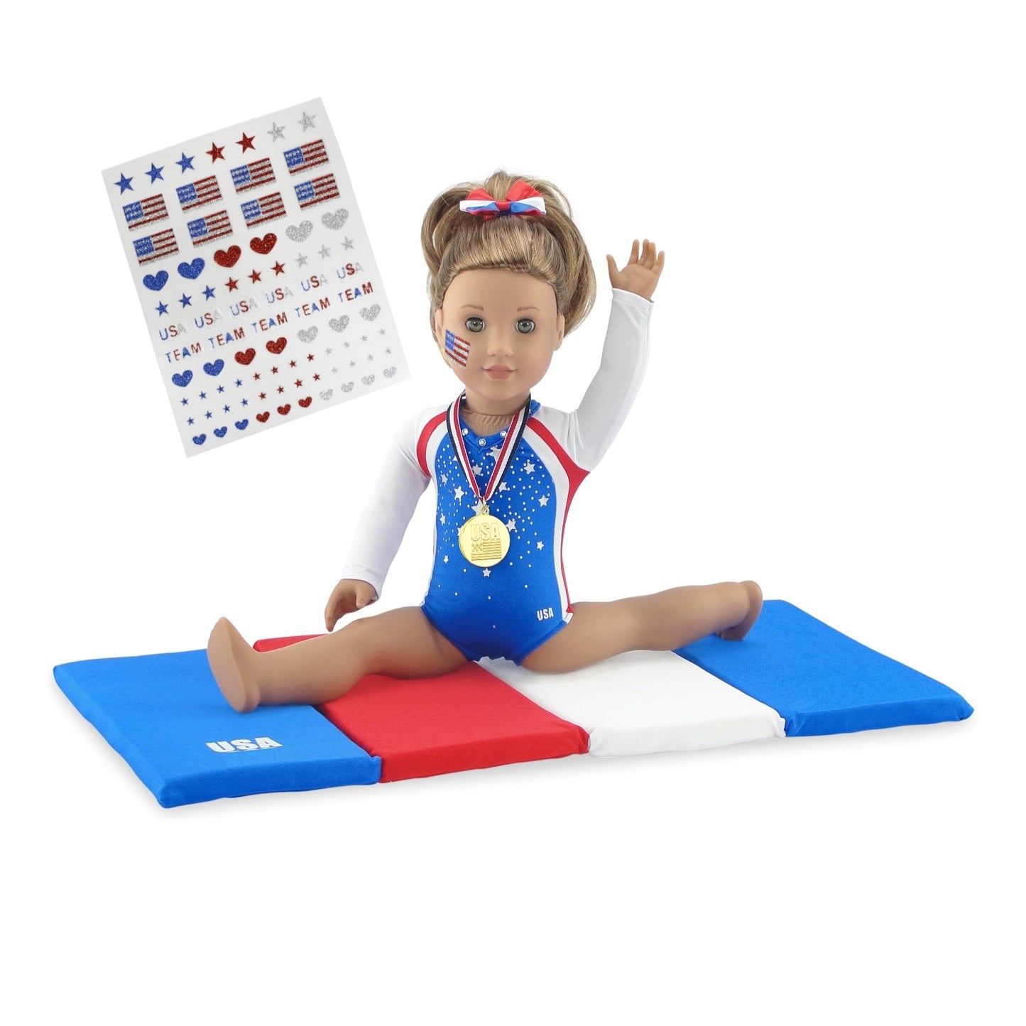 Emily Rose 18-inch Doll Gymnastics Outfit 5-Piece Set | Bejeweled Leotard, Medal, Hair Bow & Mat