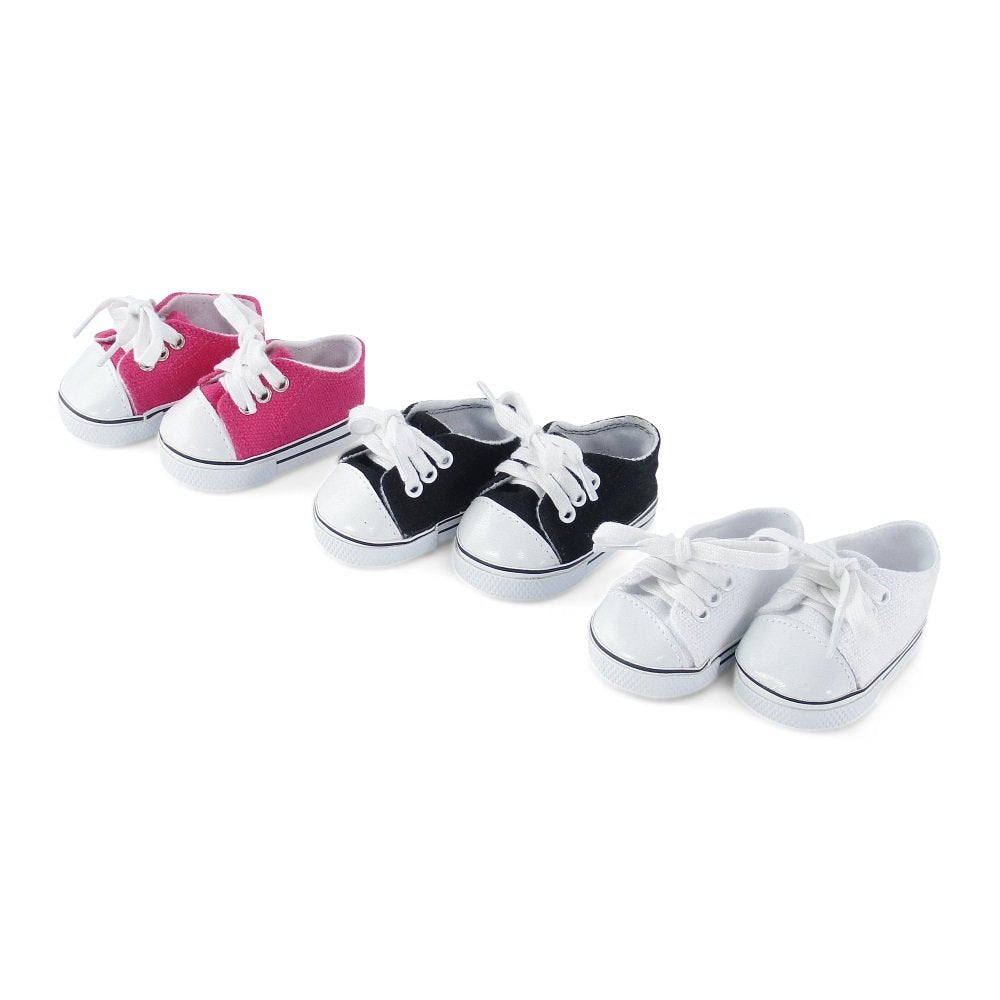 Emily Rose 18-Inch Doll Canvas Sneakers 3-Pack – Pink, White & Black (USA Brand)