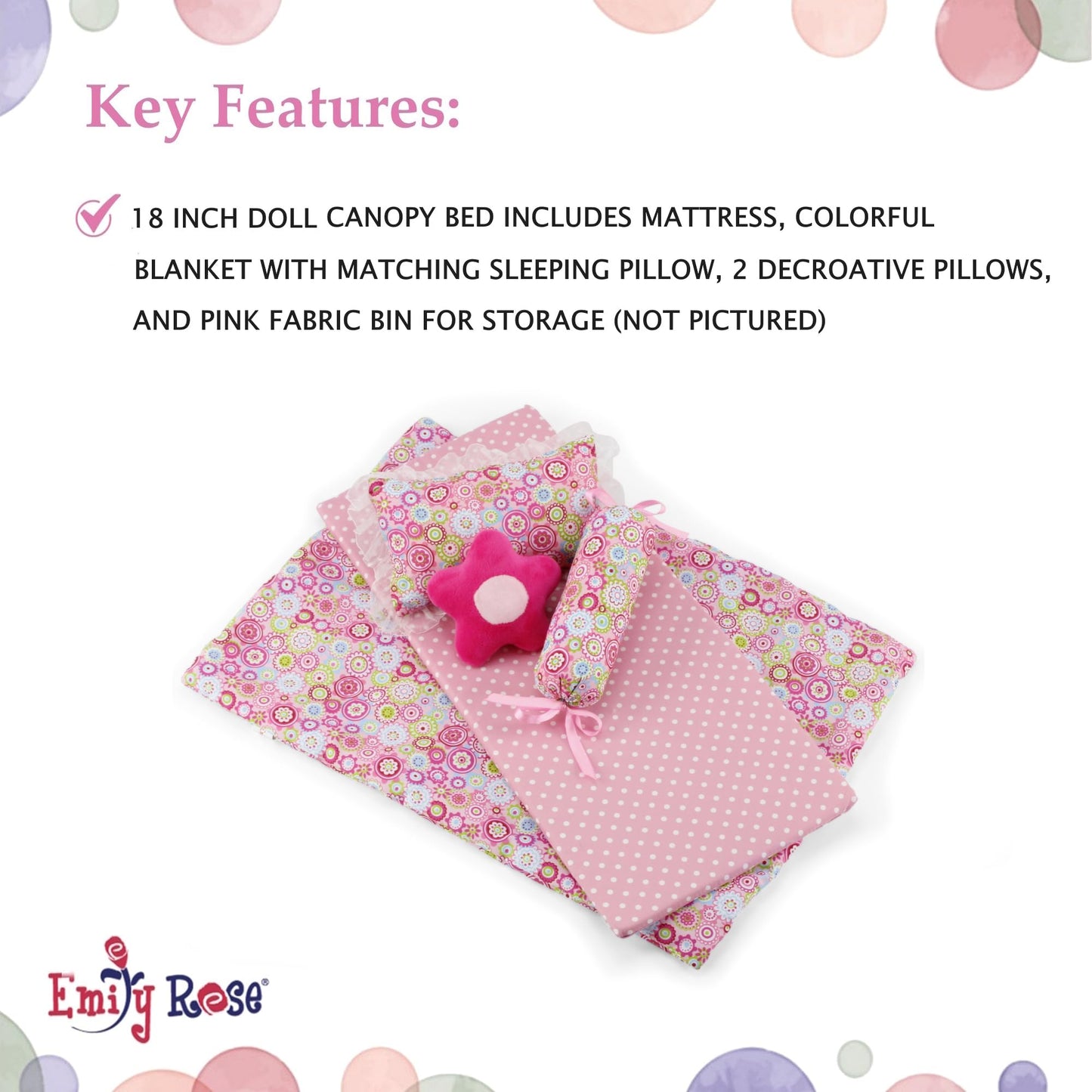 Emily Rose 18in Doll Princess Canopy Bed - White Wood, Pink Tulle Curtains, 5-Piece Bedding & Storage Drawer