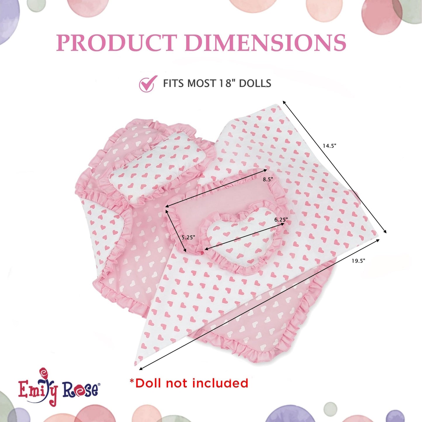 Emily Rose 18-inch Doll Bedding Set – 5-Piece Pink Heart Comforter & Mattress Cover for 18-Inch Dolls | Fits American Girl, Bunks & Cribs