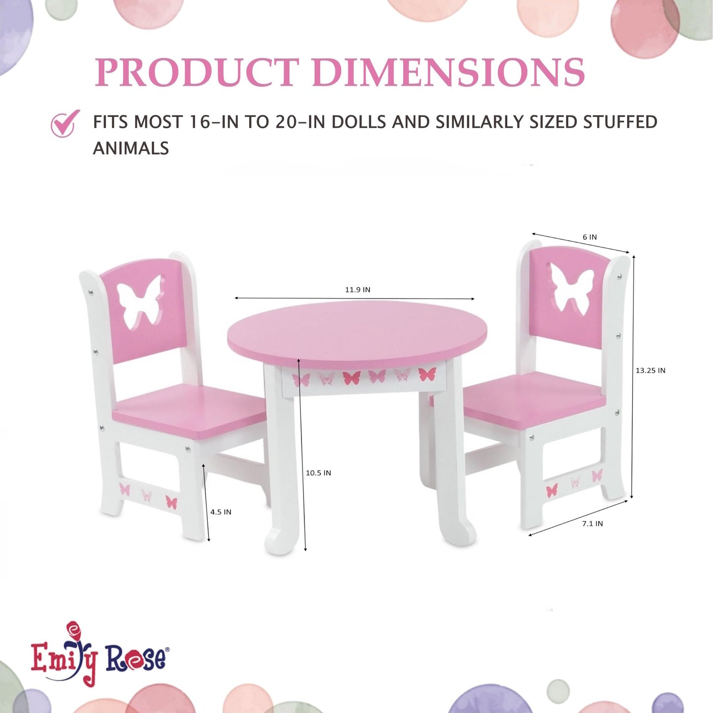 Emily Rose 18-Inch Doll Dining Table & 2 Chairs – Pink Butterfly Collection