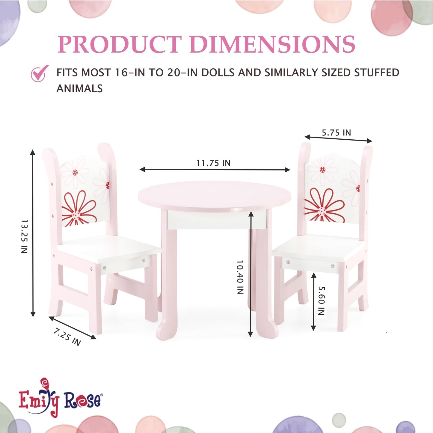 Emily Rose 18-Inch Doll Furniture: Floral Dining Table & 2 Chairs | American Girl Compatible