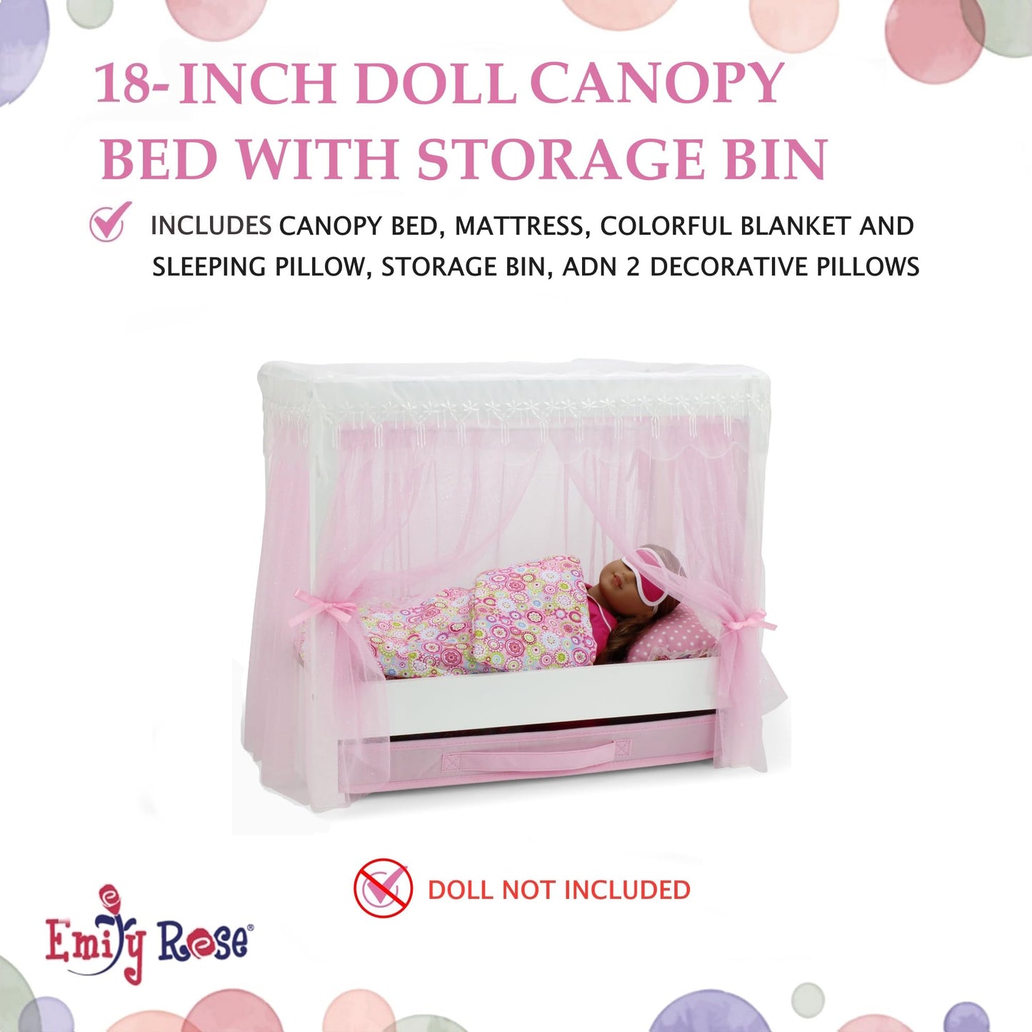 Emily Rose 18in Doll Princess Canopy Bed - White Wood, Pink Tulle Curtains, 5-Piece Bedding & Storage Drawer